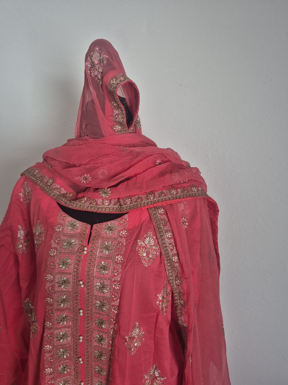 Embroidered Pink Women's Traditional Dress with Scarf